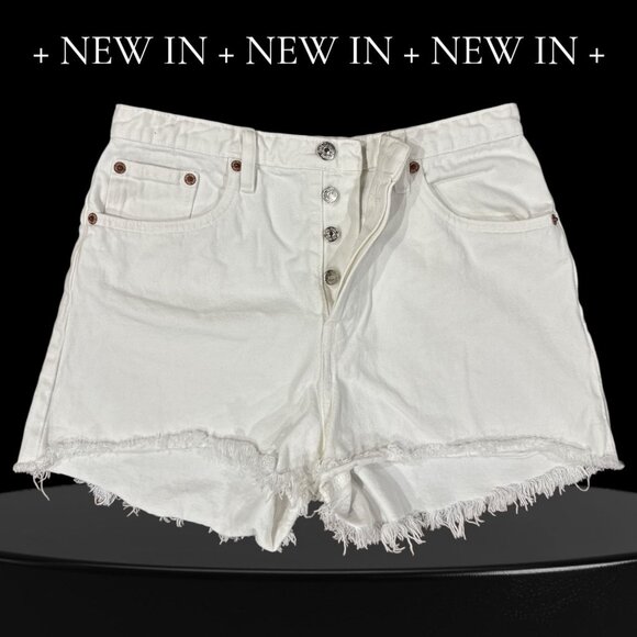Zara Size 6 Womens White High-Waisted Denim Shorts With Raw Hem & Button Fly - Picture 2 of 8